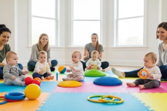 Bébés s'amusant avec un ballon dans une salle de sport