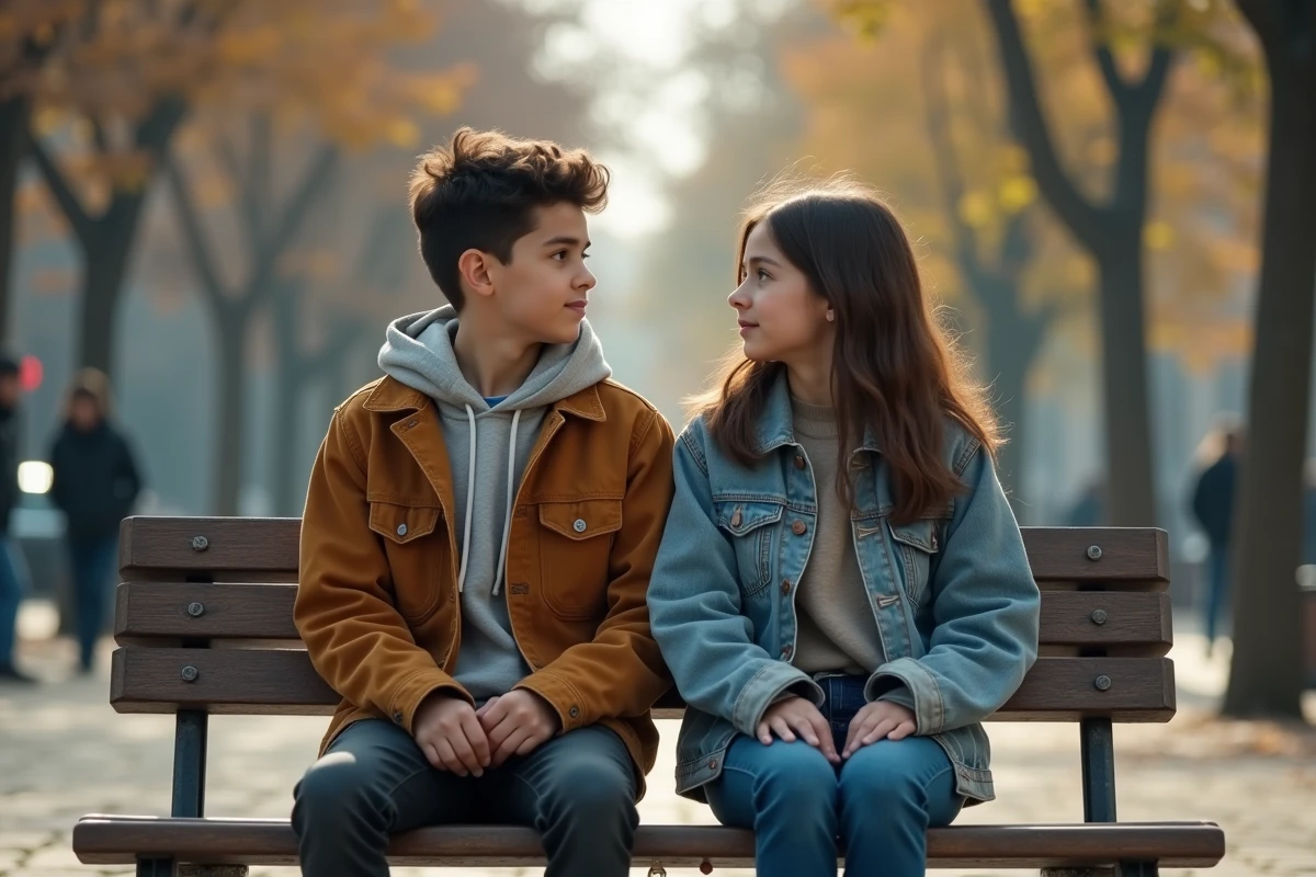 Adolescents assis sur un banc dans un parc urbain