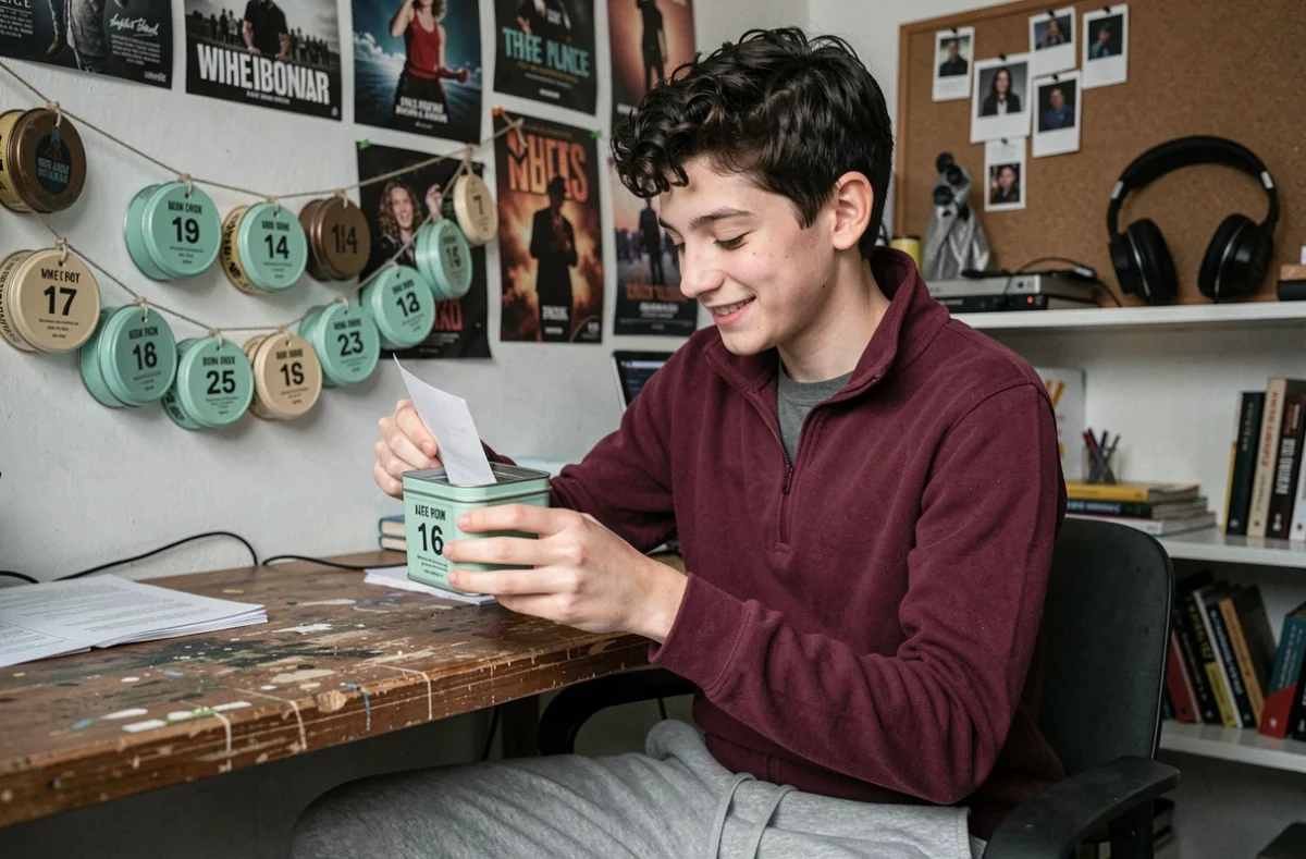 Adolescent dans sa chambre découvrant un message dans une boîte numérotée d'un calendrier de l'Avent original en boîtes à bonbons recyclées