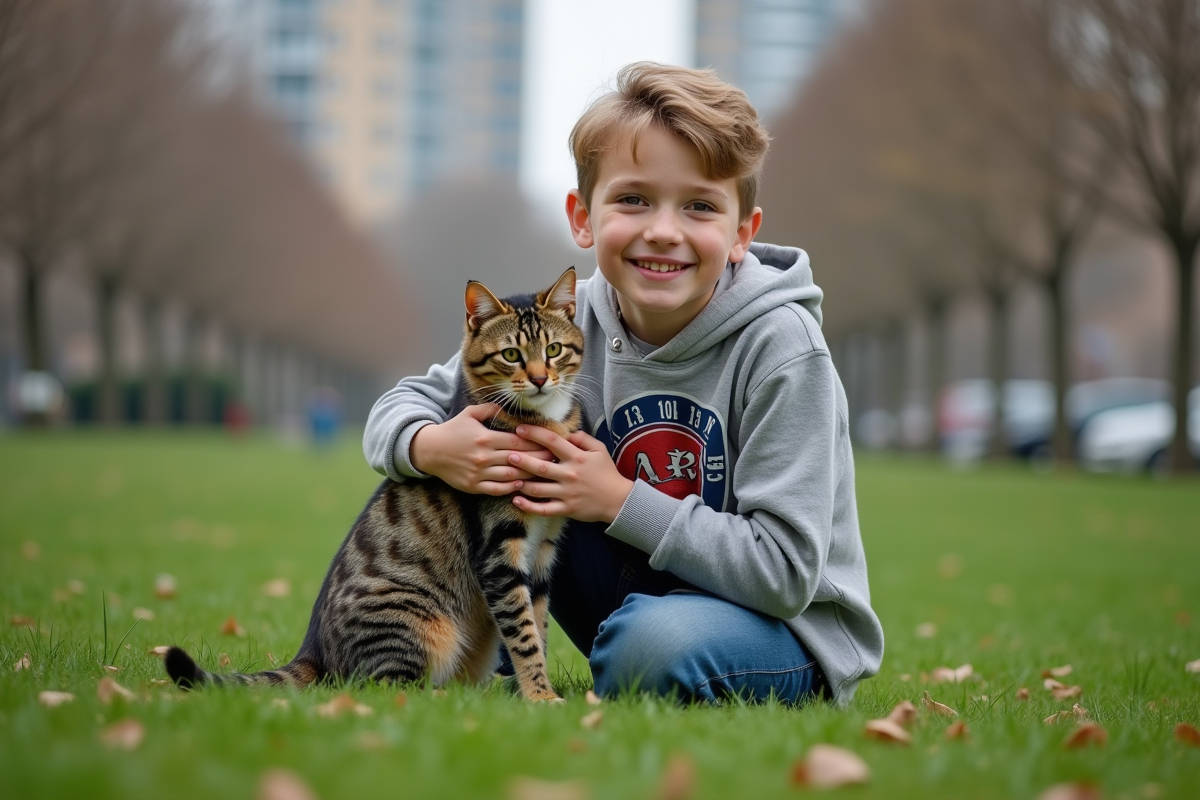 Adolescent souriant avec un chat dans un parc urbain
