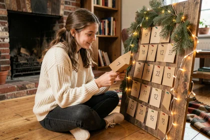 Adolescente découvrant une enveloppe numérotée d'un calendrier de l'Avent artisanal en kraft sur fond de salon cosy