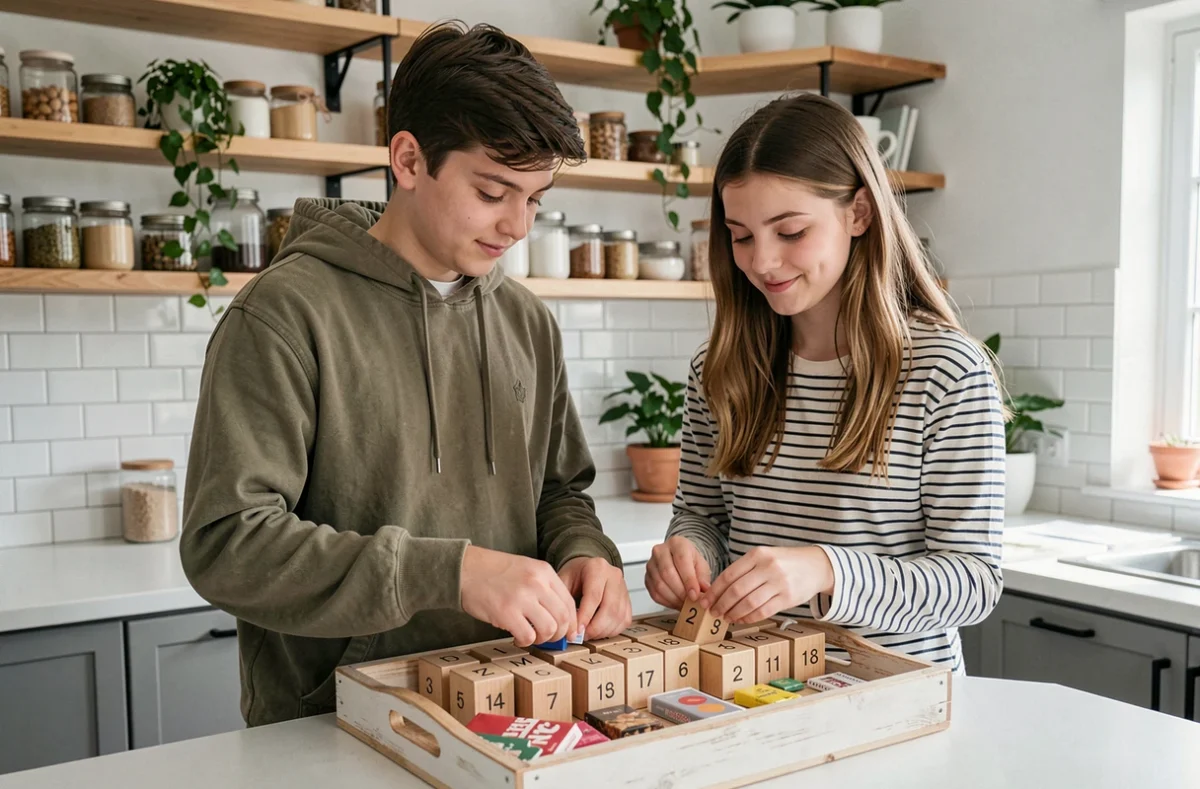 Deux adolescents préparant ensemble un calendrier de l'Avent DIY avec des petites boîtes en bois dans une cuisine moderne