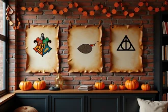 Affiches Harry Potter imprimées sur papier parchemin accrochées sur un mur en brique décoré pour Halloween avec citrouilles et guirlandes