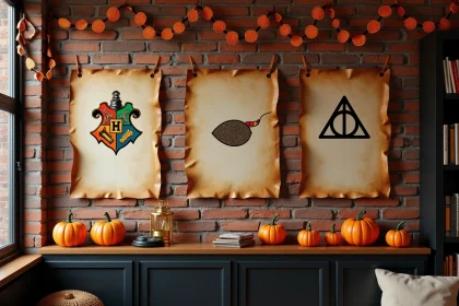 Affiches Harry Potter imprimées sur papier parchemin accrochées sur un mur en brique décoré pour Halloween avec citrouilles et guirlandes