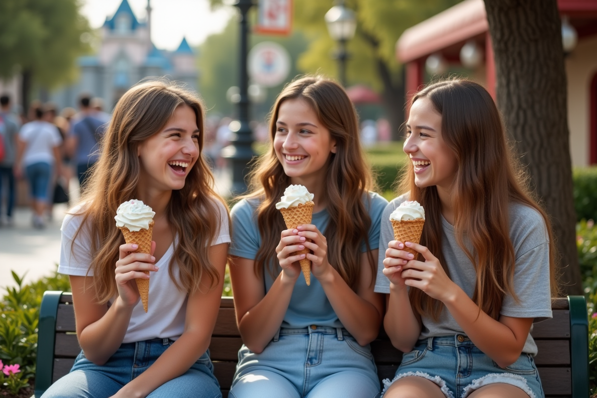 Adolescents riant avec des glaces dans un parc Disney