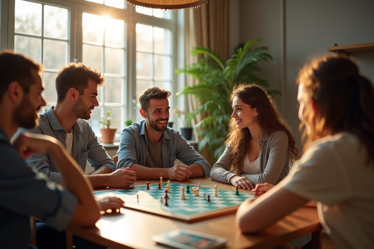 Groupe d'amis jouant à un jeu de société dans un salon lumineux