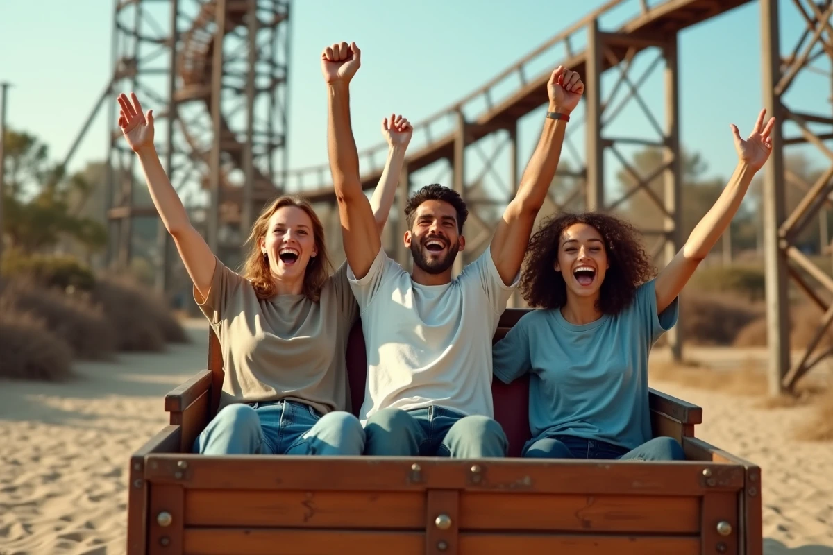 Groupe d'amis sur les montagnes russes du parc d'attractions Mer de Sable