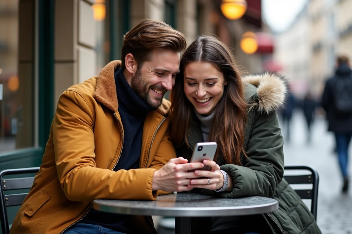 Deux amis riant ensemble devant une liste de prénoms affichée sur un smartphone dans un café parisien