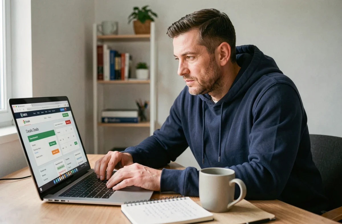 Homme analysant des codes promo et offres Family Deals sur un ordinateur portable dans un bureau à domicile
