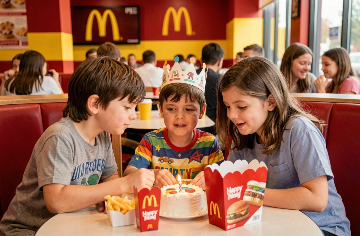Famille avec enfants autour d'une table McDonald's pour un anniversaire, fratrie partageant un repas festif avec couronne d'anniversaire et Happy Meals