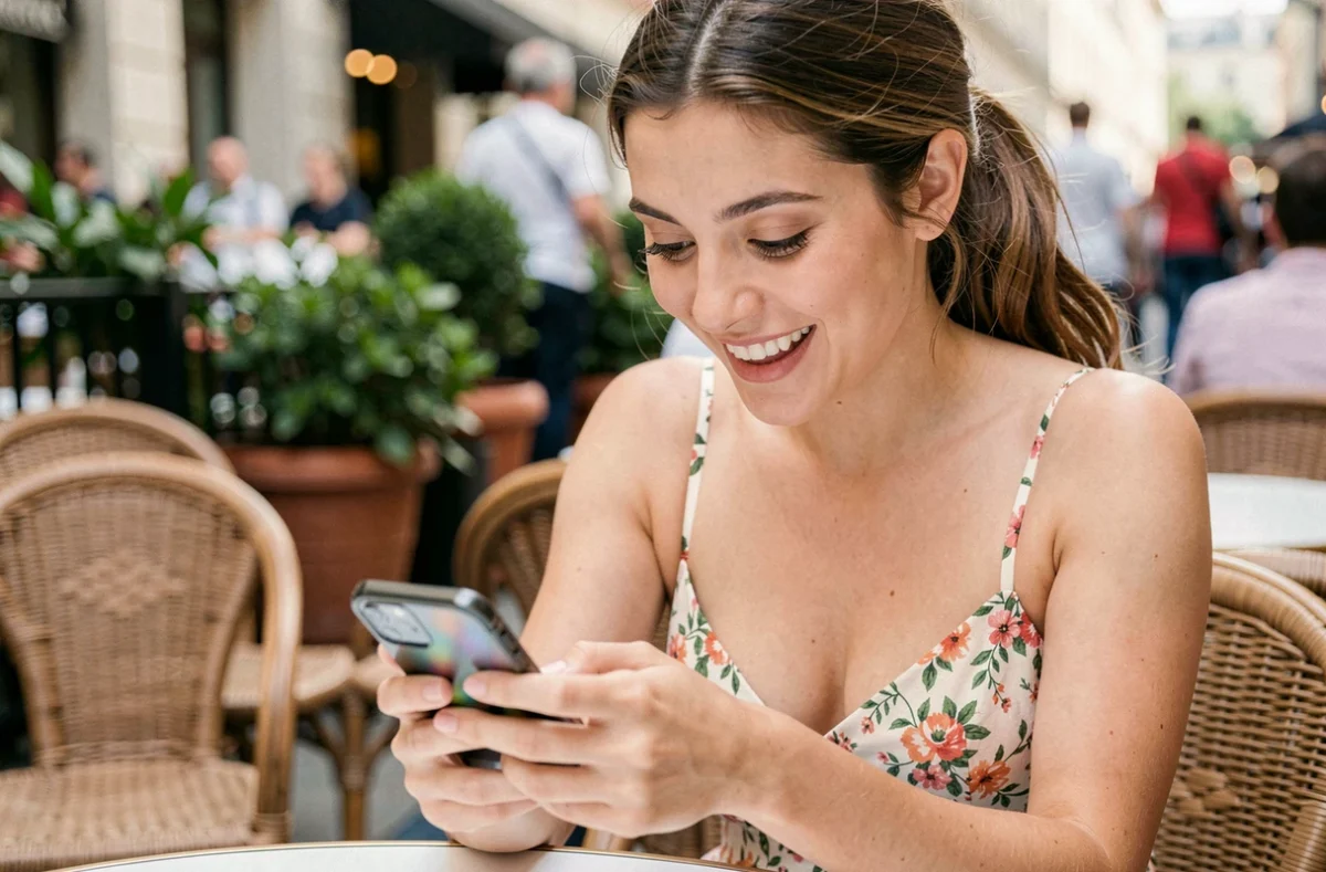 Jeune femme à la terrasse d'un café tapant un message sur son smartphone pour annoncer une future marraine via les réseaux sociaux