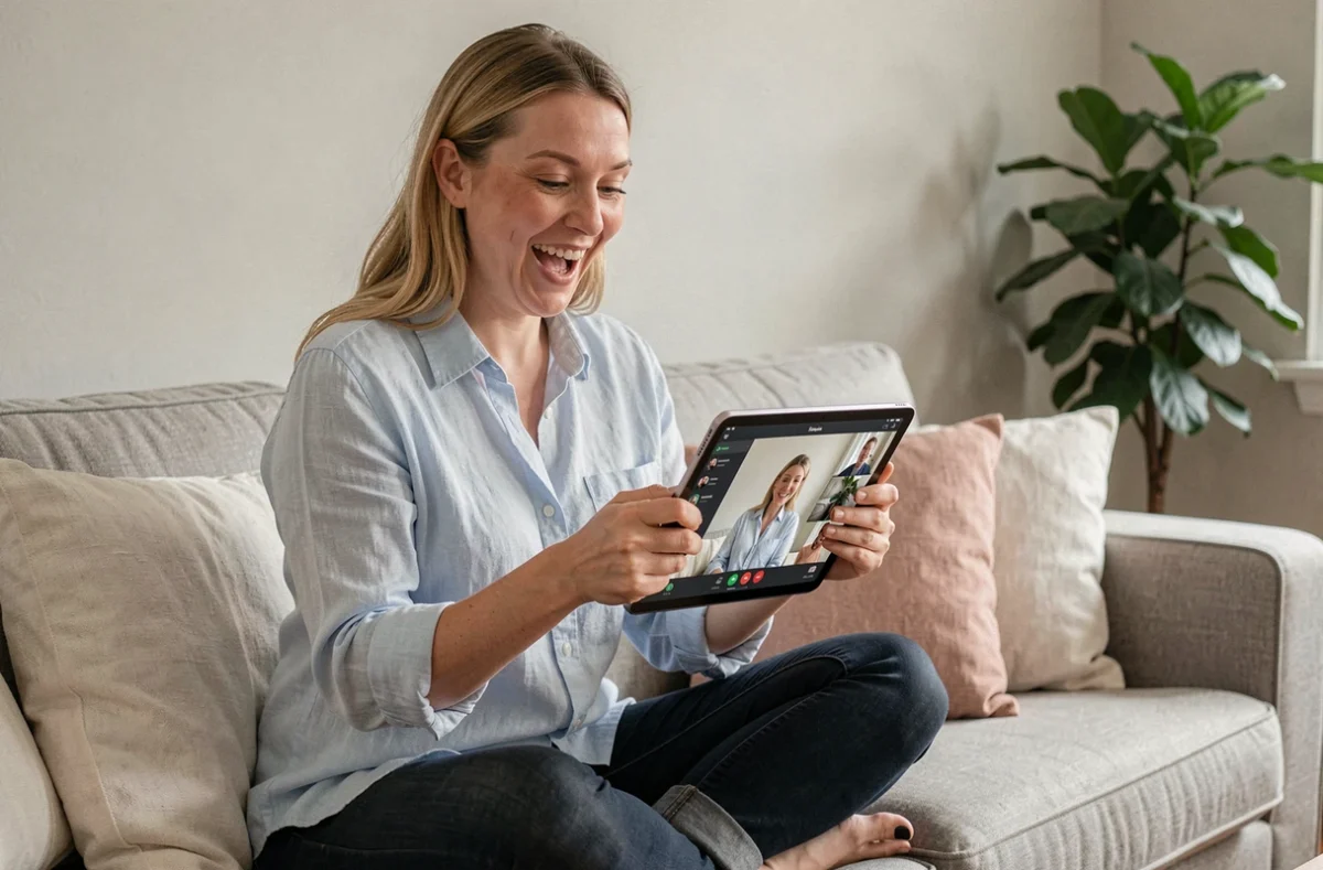 Femme souriante tenant une tablette lors d'un appel vidéo depuis son salon, illustrant l'annonce de la marraine à distance par visioconférence