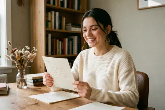 Jeune femme souriante tenant une lettre manuscrite assise à un bureau en bois dans un intérieur cosy, pour annoncer une marraine à distance
