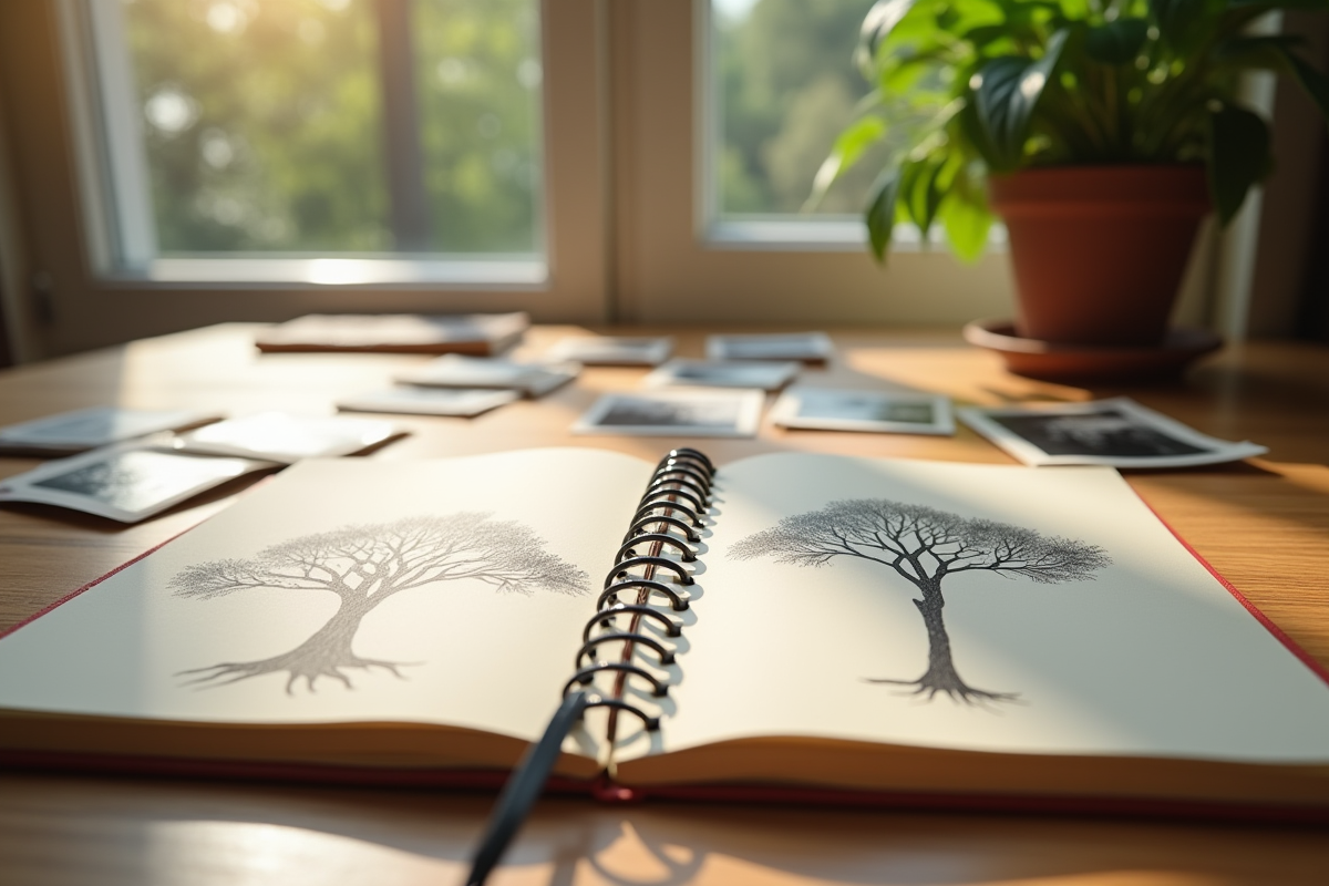 Carnet ouvert avec arbre généalogique et photos anciennes