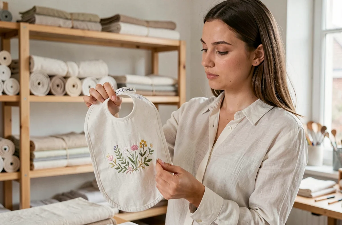 Femme artisane inspectant un bavoir bébé personnalisé dans un atelier de fabrication française en tissu bio