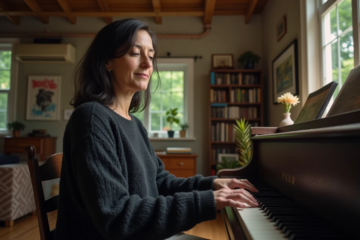 Femme artiste jouant du piano dans un studio maison chaleureux, évoquant l'intimité et la vie personnelle préservée loin des projecteurs
