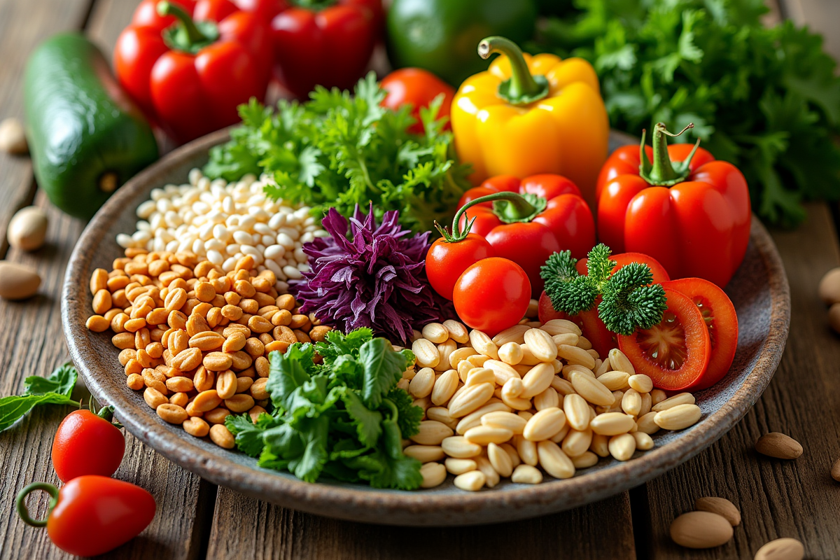 Assortiment de légumes frais et grains sur une table en bois