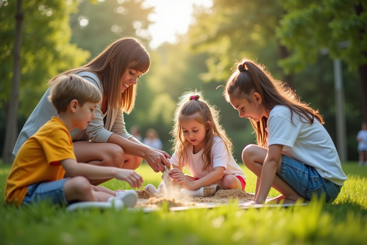 Enfants et professeur réalisant une expérience écologique