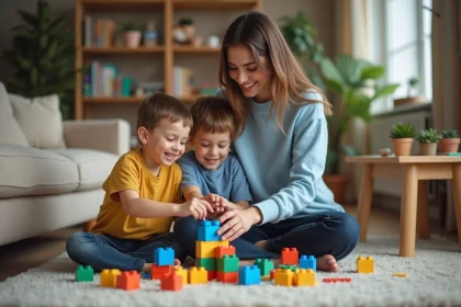 Baby-sittrice jouant avec deux enfants en soirée dans un salon cosy