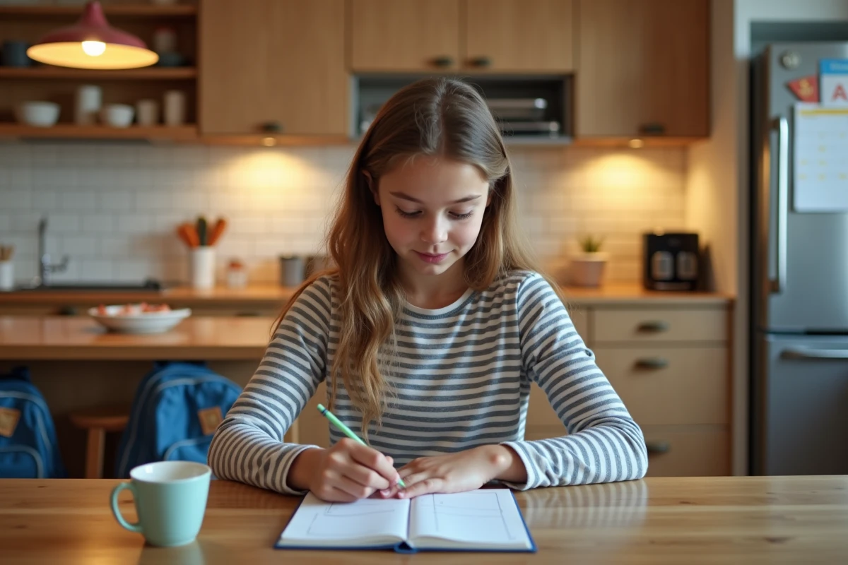 Jeune baby-sittrice consultant une grille de tarifs pour garde de deux enfants