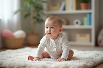 Bébé de 9 mois assis sur un tapis dans un salon cosy