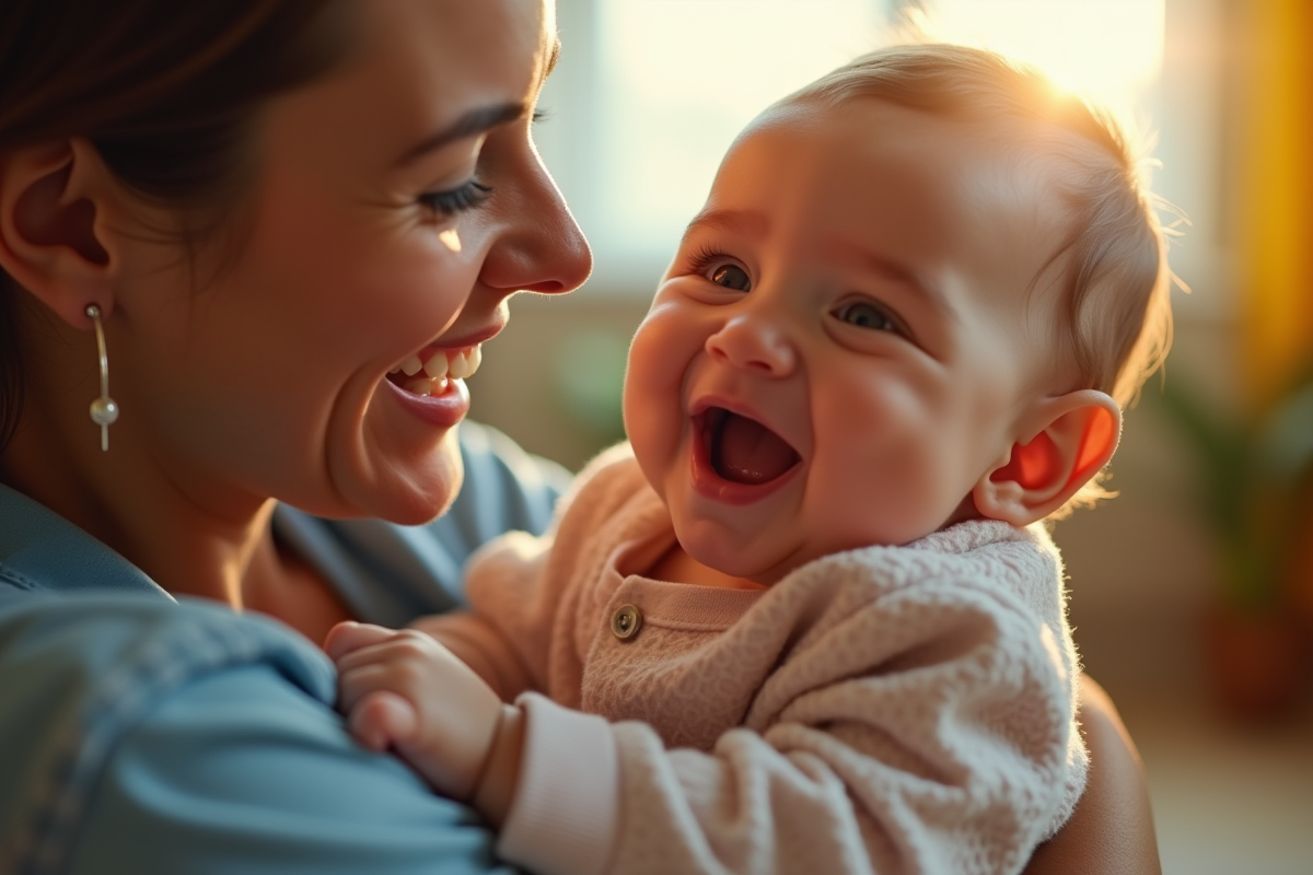 Bébé riant dans les bras d