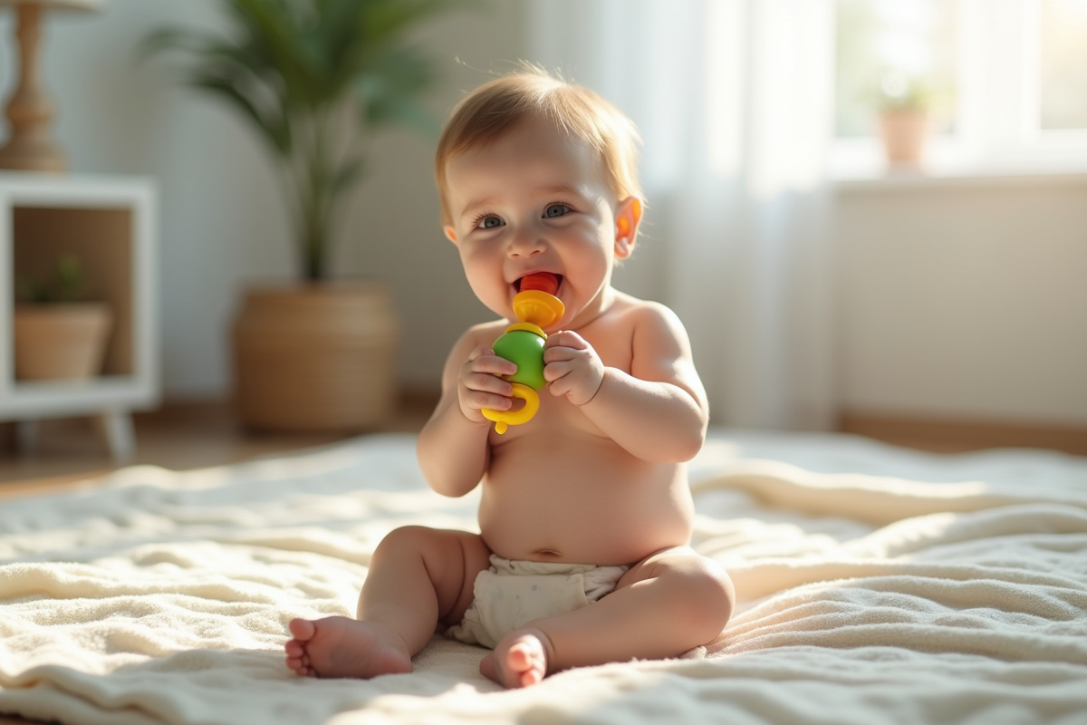 Bébé curieux jouant avec un jouet coloré dans le salon