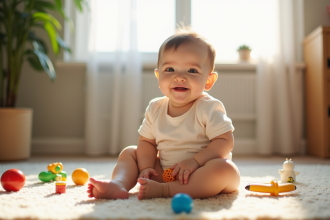 Bébé souriant assis sur tapis de jeu lumineux et coloré