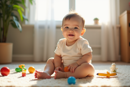 Bébé souriant assis sur tapis de jeu lumineux et coloré