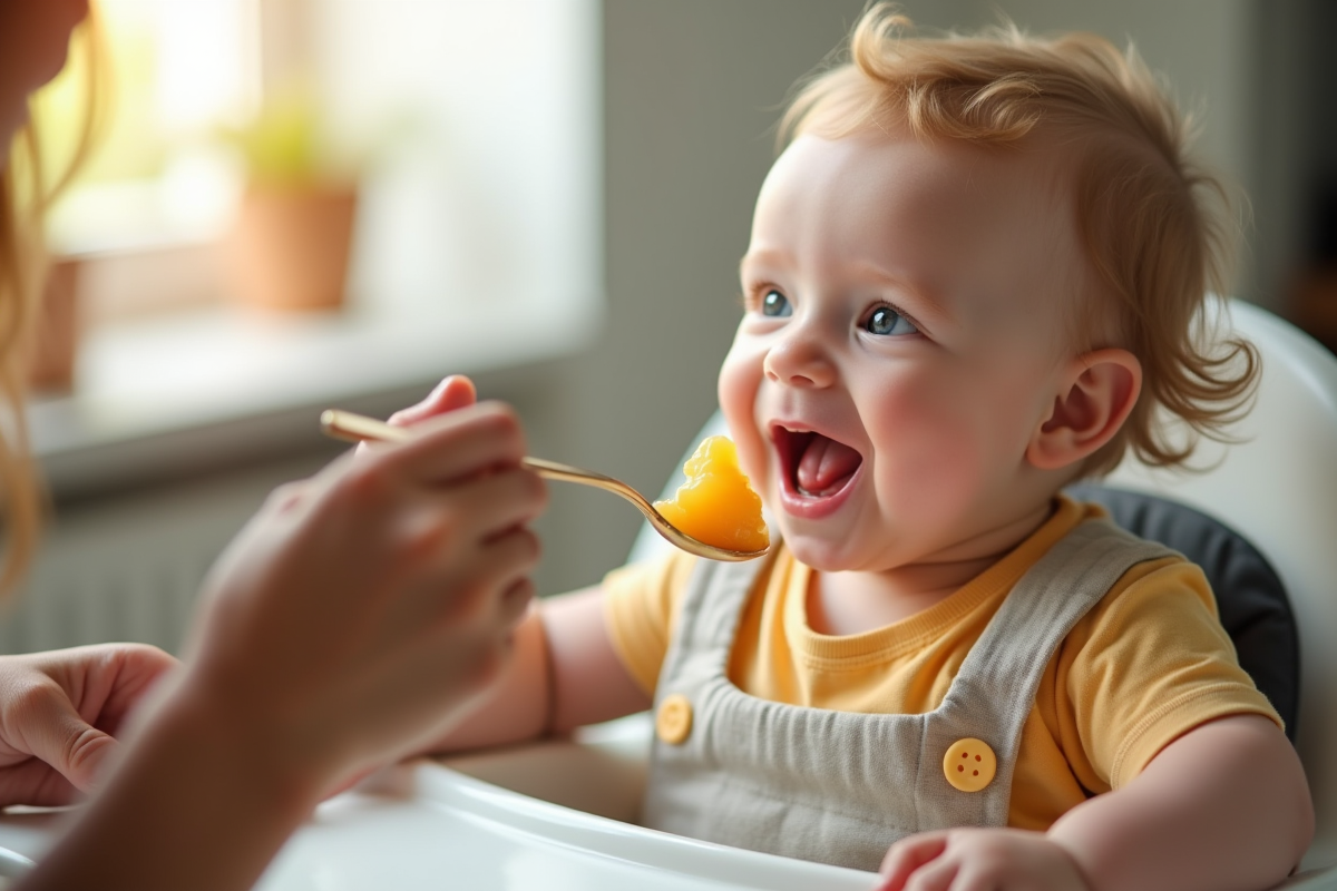 Bébé souriant dans une chaise haute mangeant de la purée de pommes