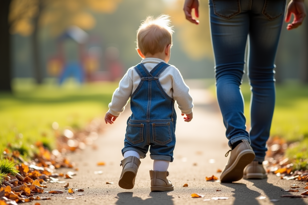 Jeune garçon marchant sur un chemin de parc en automne