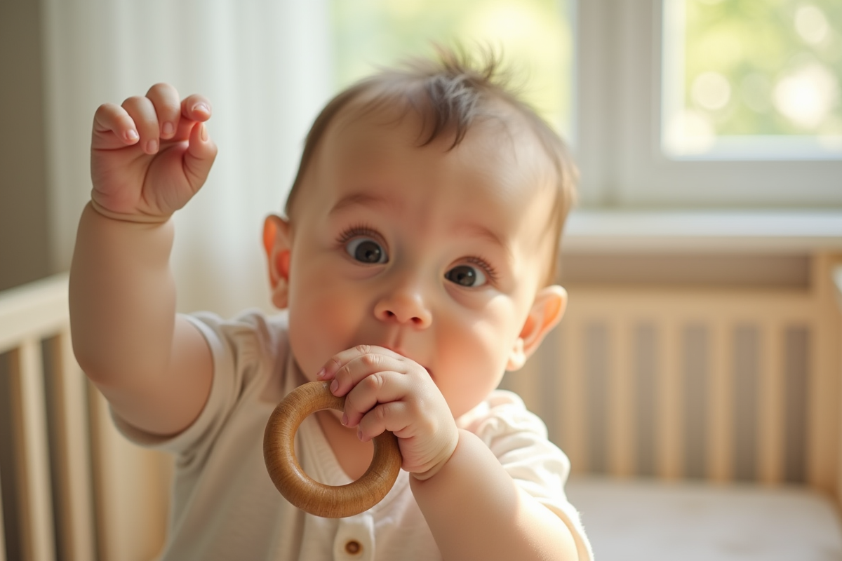 Bébé dans la nurserie attrapant un anneau en bois