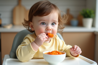 Bebe dégustant sa première purée de carotte dans une cuisine chaleureuse