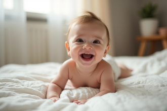 Bébé souriant allongé sur une couverture blanche dans une nurserie