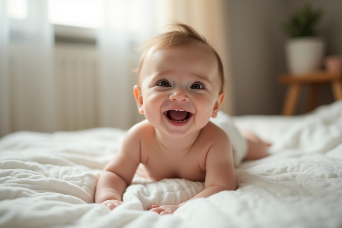 Bébé souriant allongé sur une couverture blanche dans une nurserie