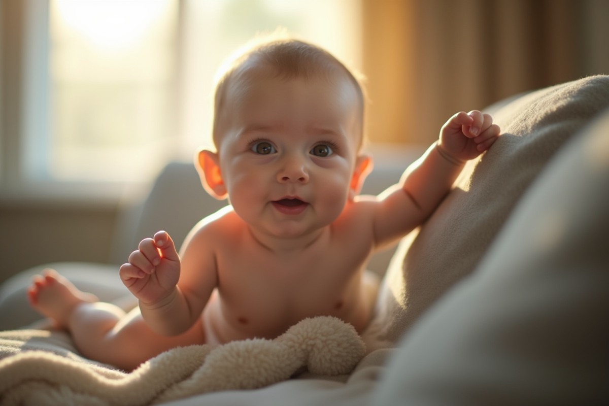 Bébé se tient au canapé en regardant devant avec curiosité