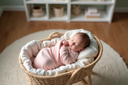 Nouveau-n&eacute; dormant dans un berceau en fibres naturelles