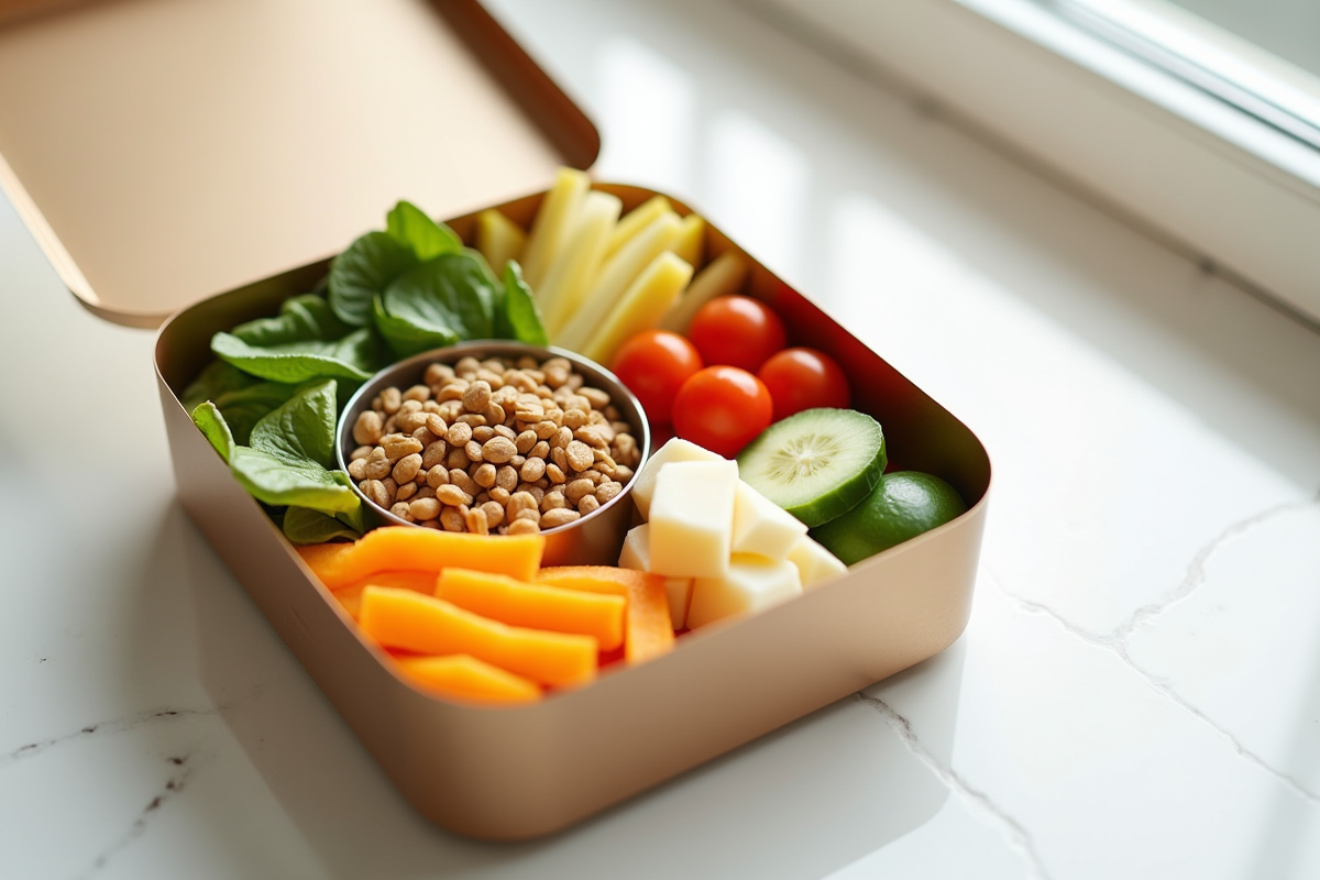 Boîte à lunch ouverte avec fruits et légumes frais