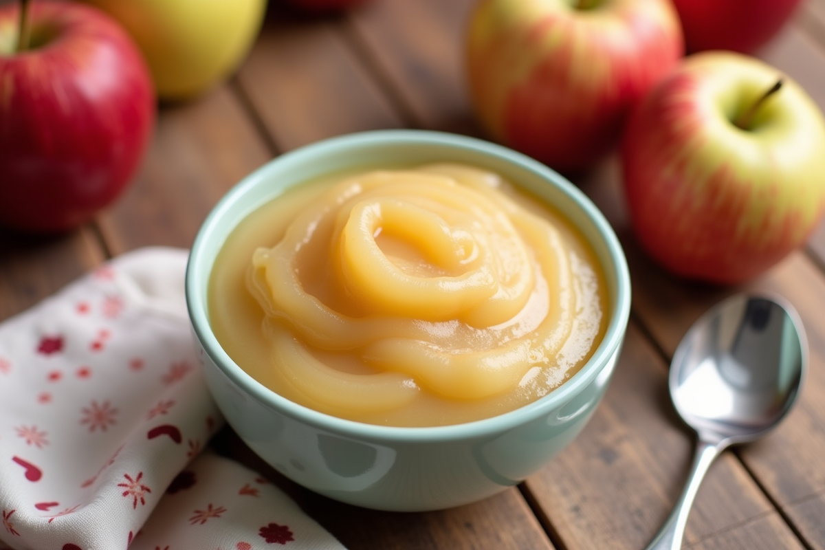Bol de purée de pommes maison sur une table en bois avec pommes fraîches