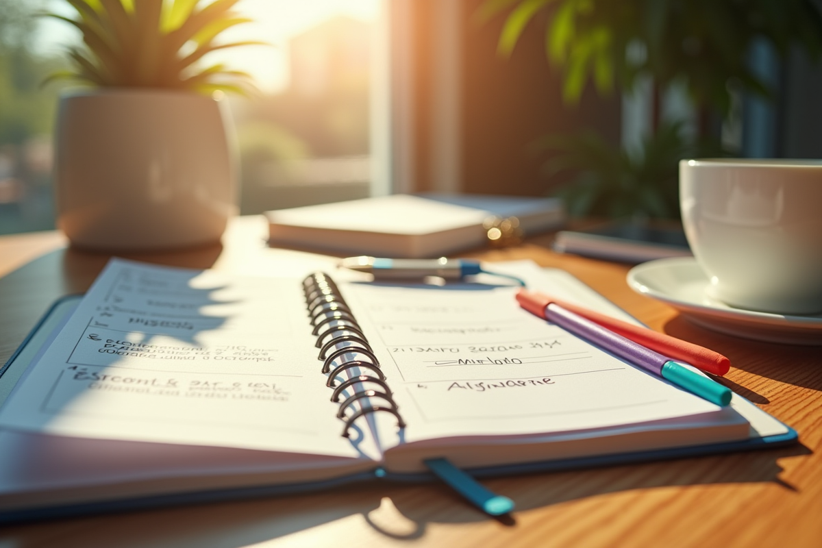 Bureau organisé avec agenda ouvert et notes manuscrites