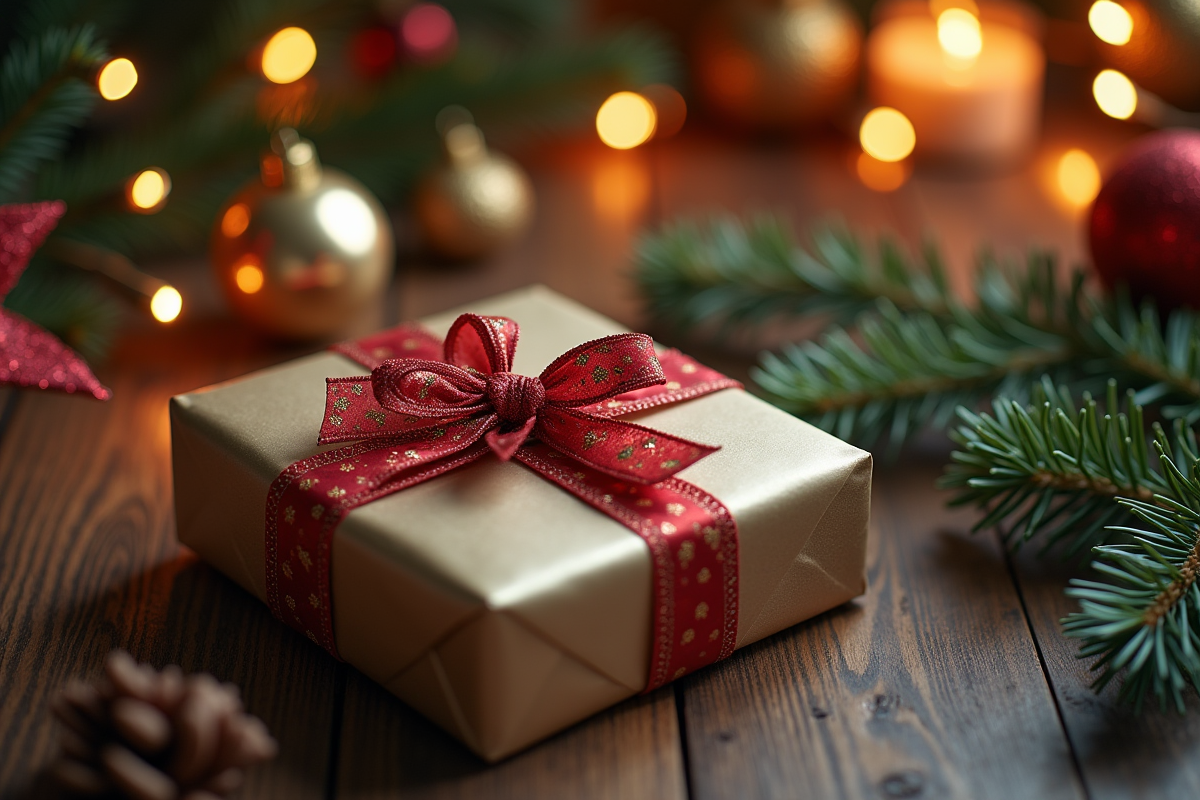 Cadeau de Noël joliment emballé sur une table en bois