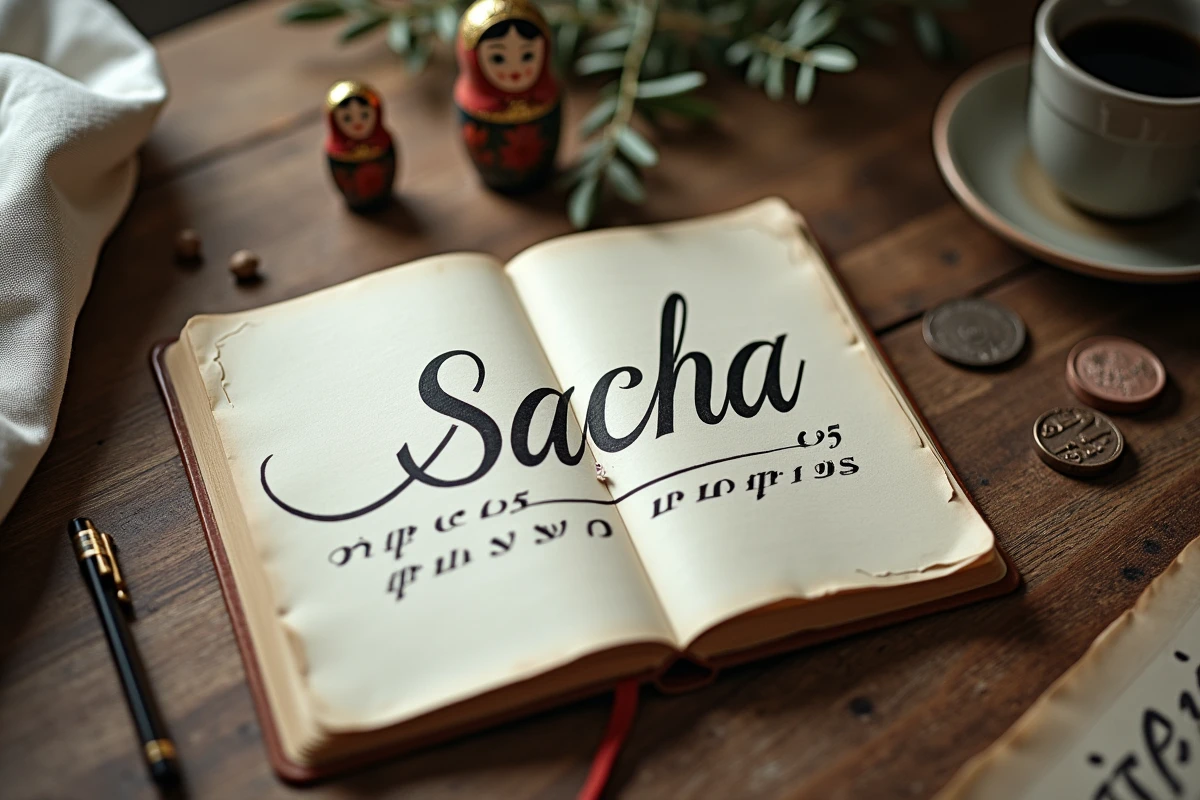 Flat-lay artistique du prénom Sacha calligraphié en cyrillique, grec et hébreu entouré d'objets culturels russes et méditerranéens sur bois rustique