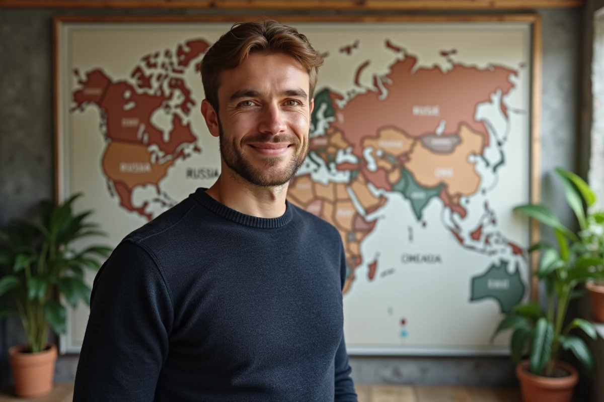 Homme devant une carte illustrée des origines russes, grecques et hébraïques du prénom Sacha dans un studio culturel contemporain