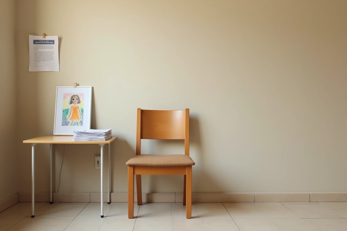 Chaise vide et formulaires d'adoption dans une salle d'attente administrative évoquant l'attente et l'incertitude