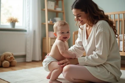 Maman souriante changeant son b&eacute;b&eacute; dans une nurserie chaleureuse