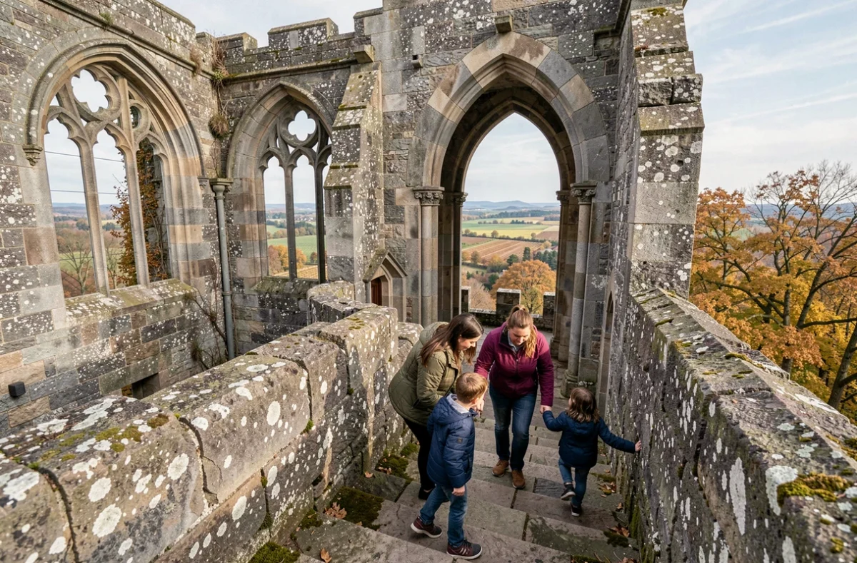 Famille visitant les ruines médiévales du Château du Hohlandsbourg avec vue panoramique sur la plaine alsacienne