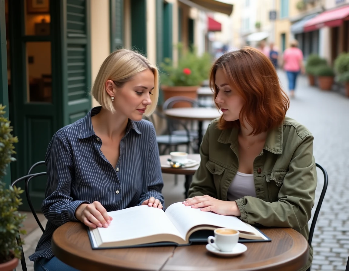 Deux mères choisissant un prénom pour leur enfant autour d'un livre de prénoms dans un café français, illustrant l'importance du choix du prénom comme Lisa