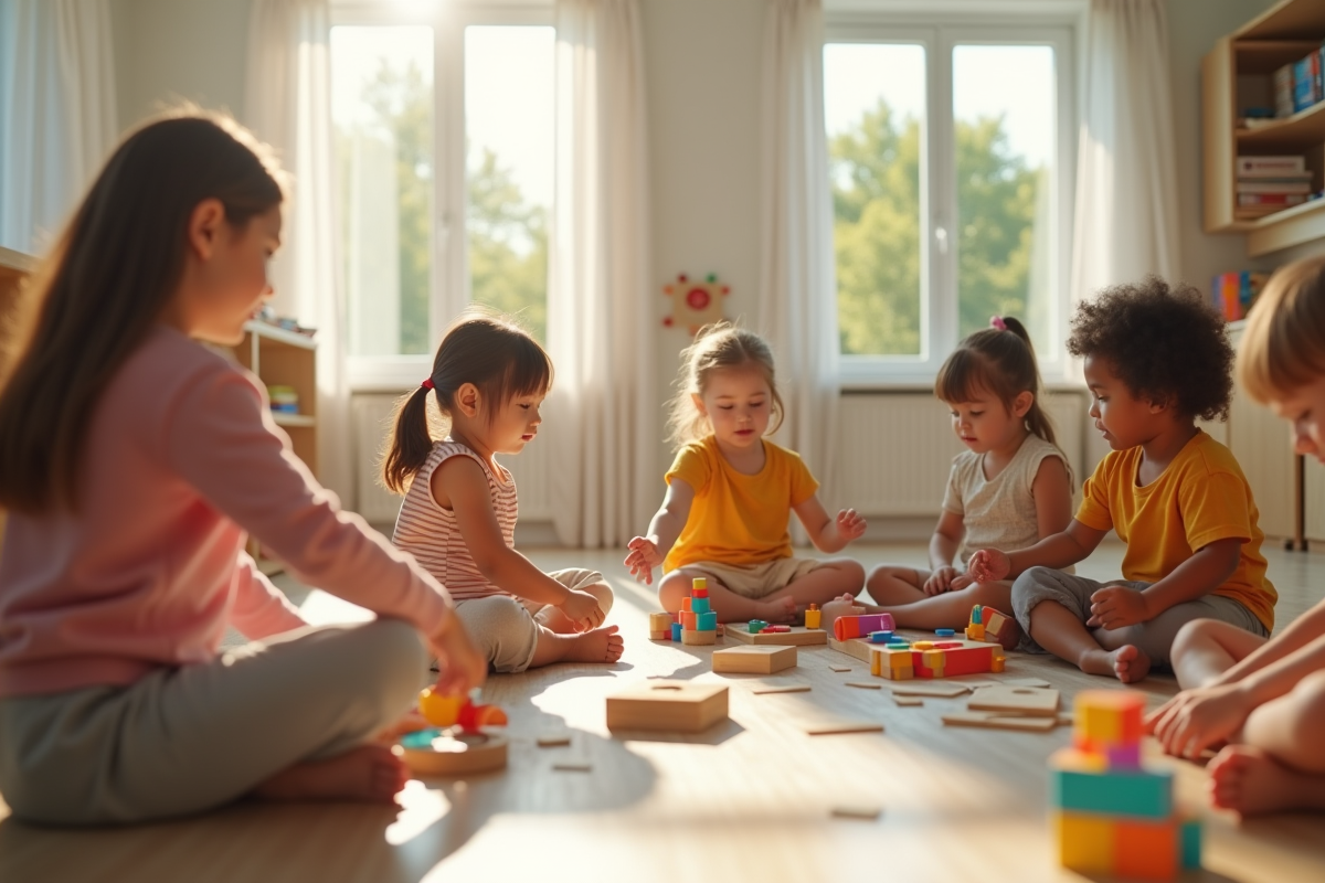 Salle de classe Montessori avec enfants divers interagissant calmement