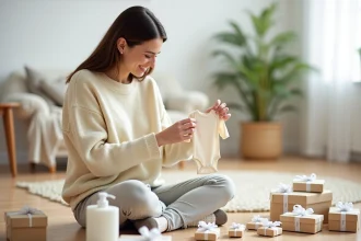Jeune femme entourée d'échantillons bébé gratuits et coffrets naissance sur un parquet clair