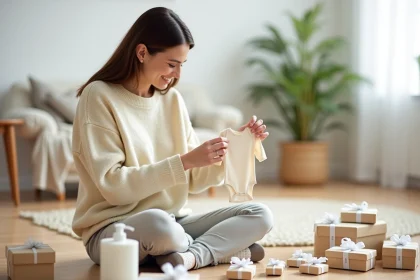 Jeune femme entourée d'échantillons bébé gratuits et coffrets naissance sur un parquet clair